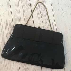 VINTAGE Black Patent Leather Bow Clutch Bag Purse
